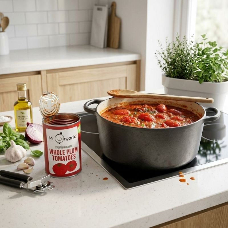 Opened can of Mr Organic Italian Organic Whole Plum Tomatoes for cooking a rich pasta sauce. Features fresh basil, garlic, and premium olive oil on a modern kitchen counter with a pot simmering on the hob. Premium imported organic ingredients for healthy home cooking in Hong Kong.