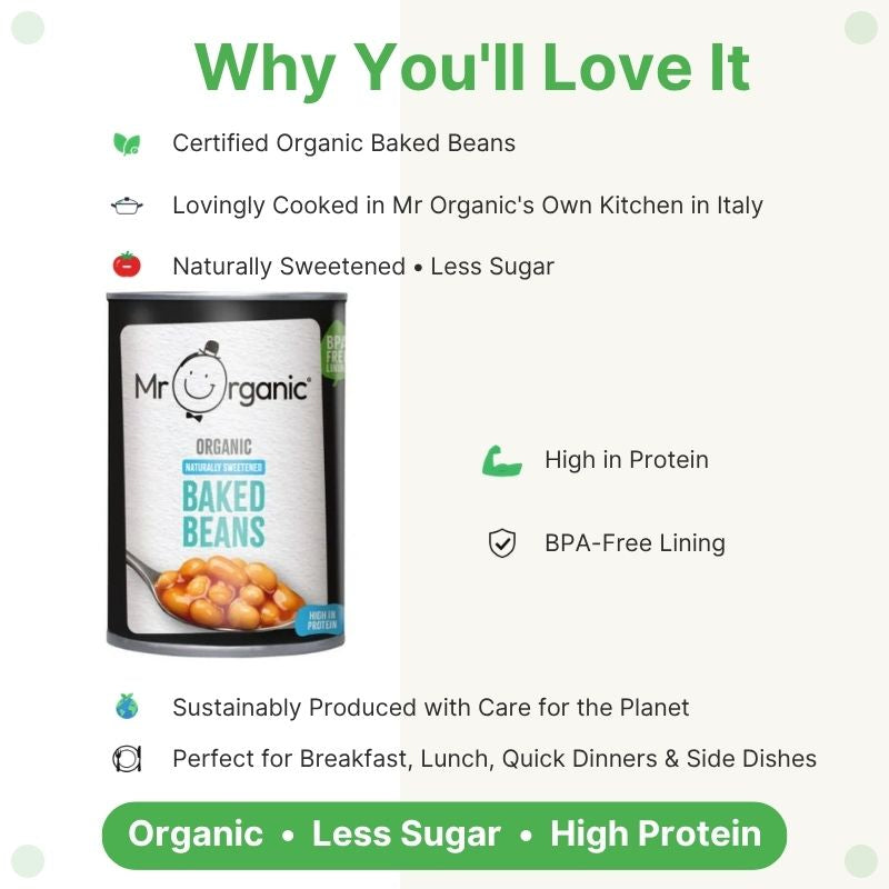 Mr Organic Low Sugar Baked Beans 400g infographic featuring organic baked beans, naturally sweetened with less sugar, high protein, Italian-made, BPA-free, sustainable pantry staple for healthy breakfast and vegan meals in Hong Kong.