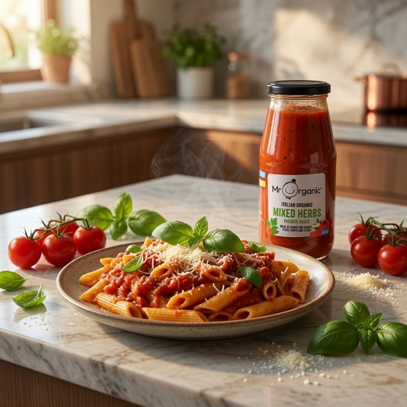 Plate of penne pasta with rich Mr Organic Mixed Herbs Passata Sauce, fresh basil, cherry tomatoes, and grated cheese on a kitchen counter. Organic Italian tomato sauce product shown beside the dish.