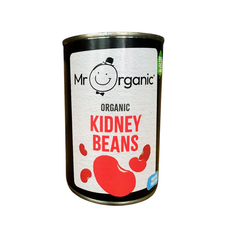 Can of Mr Organic organic kidney beans on a white background