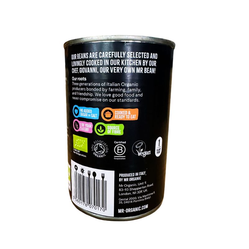 Back of a Mr Organic Organic Red Kidney Beans can with text and logos on a white background