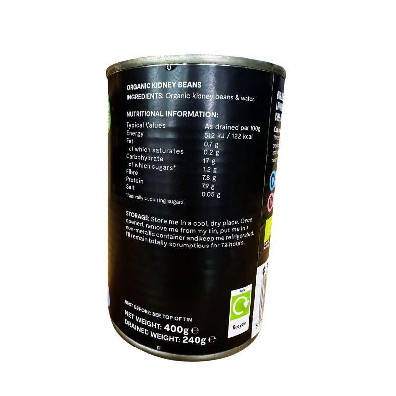 Can of Mr Organic Organic Red Kidney Beans with nutritional information on a white background