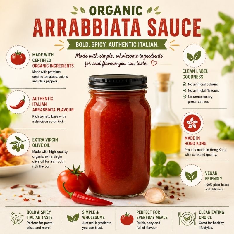 Organic Arrabbiata Sauce 500g infographic featuring authentic Italian organic pasta sauce made with tomatoes, extra virgin olive oil and chilli. Vegan, clean label, made in Hong Kong and available online.