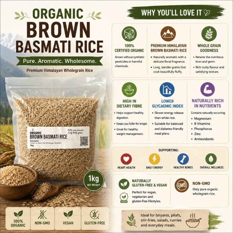 Organic Brown Basmati Rice 1kg infographic showing certified organic wholegrain Himalayan basmati rice, high in fibre, gluten-free, vegan and non-GMO. Premium healthy rice available online in Hong Kong.