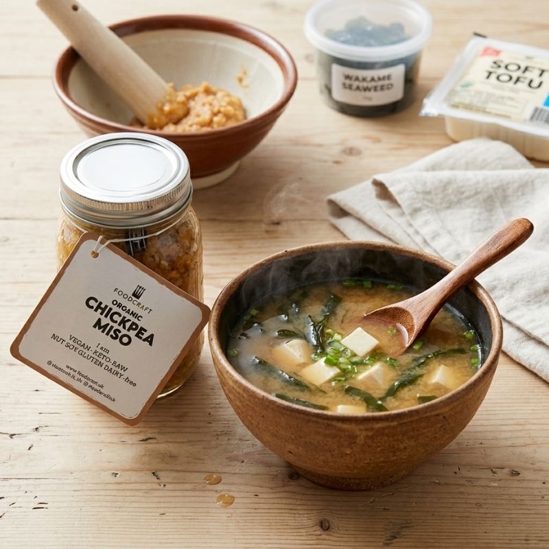 A rustic kitchen scene on a wooden table showing a bowl of miso soup with a wooden spoon, a jar labeled 'Organic Chickpea Miso' with a hanging tag, a bowl with a wooden pestle, a small container labeled 'Wakame Seaweed', and a package of soft tofu.