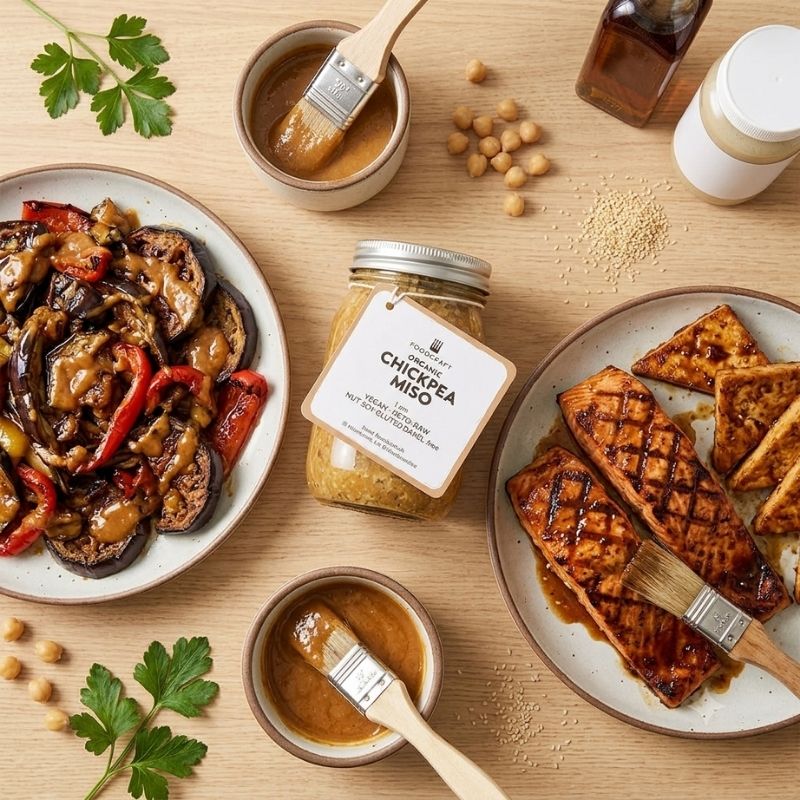 A styled flat-lay of a jar of Chickpea Miso glaze surrounded by prepared food on a light wood table. The central product is a clear glass jar filled with a golden-brown glaze, labeled 'Organic Chickpea Miso' and surrounded by plates of grilled tofu, eggplant, and peppers, with brushes and chickpeas scattered around.
