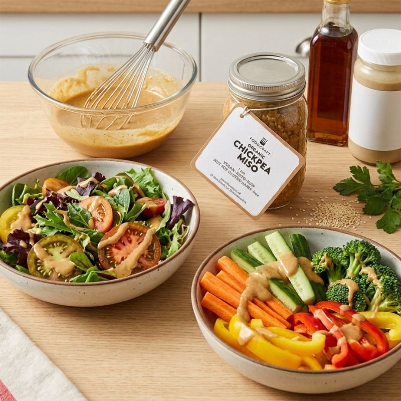 A styled tabletop scene showing prepared salads and a bowl of dressing with a whisk, alongside a jar labeled 'Organic Chickpea Miso' and bottles of sauce on a light wood surface.