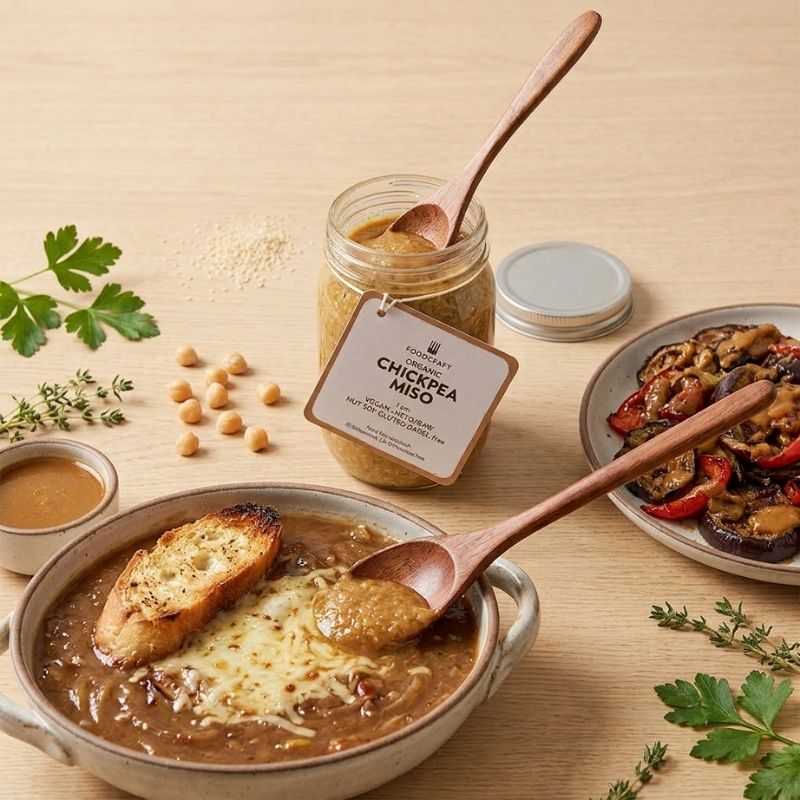 A jar of Chickpea Miso paste by The Sweet Spot sits on a light wood table, styled with a bowl of miso soup with toasted bread, a plate of roasted vegetables, chickpeas, and herbs. The jar has a wooden spoon and a tag reading 'Organic Chickpea Miso'.