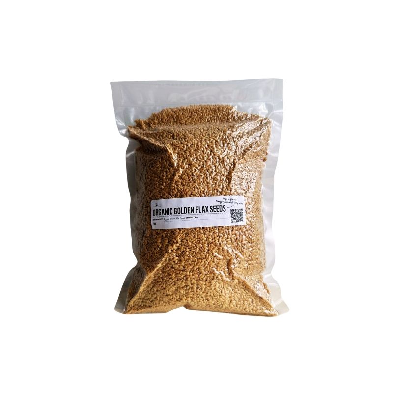 Organic Golden Flax Seeds with a label on a white background