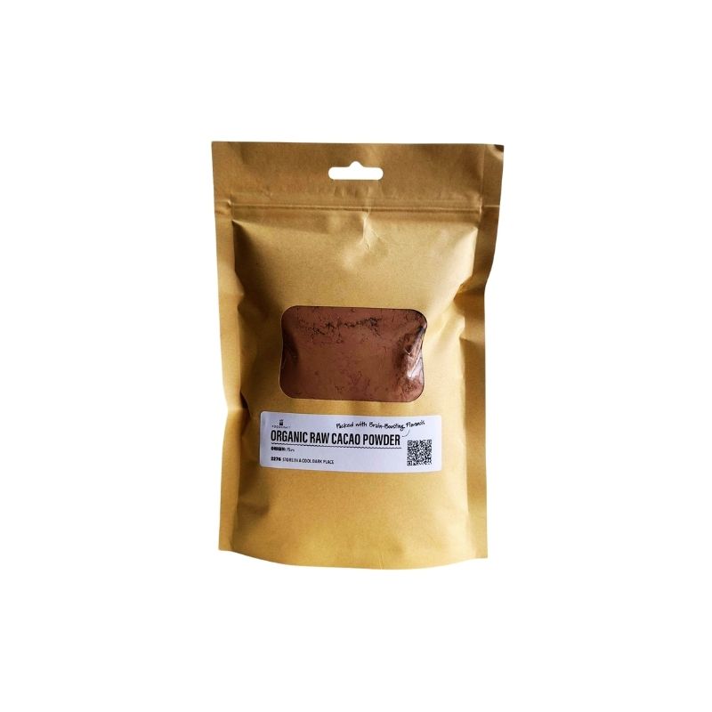 Kraft paper packaging of Organic Raw Cacao Powder with a visible label on a white background