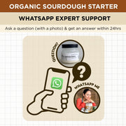 Promotional graphic for organic sourdough starter with WhatsApp expert support on a grid background.