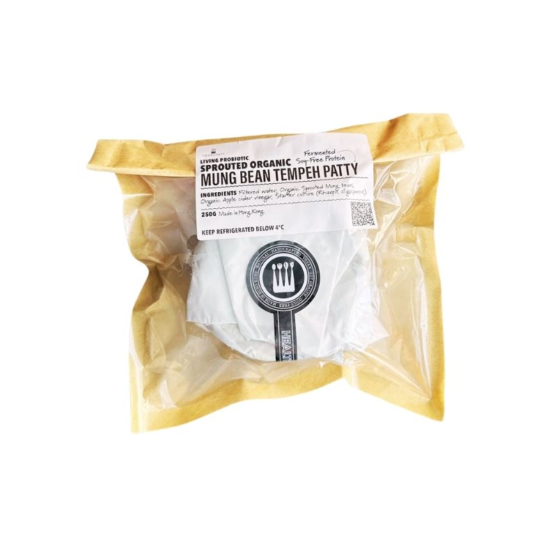 A packaged Organic Sprouted Mung Bean Tempeh Patty - 250g in a clear plastic pouch with a yellowish-gold outer layer and a white label reading 'Sprouted Organic Sprouted Tempeh Patty Mung Bean' on a plain white background.