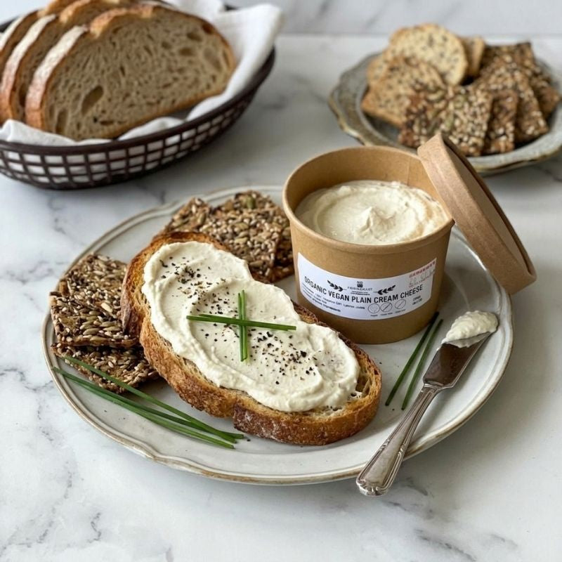 A tub of Organic Vegan Spreadable Plain Cream Cheese - 200g with its lid off, placed on a plate with a slice of toasted bread spread with cream cheese, crackers, chives, and a knife on a white marble surface. A basket of sliced bread and more crackers are blurred in the background.