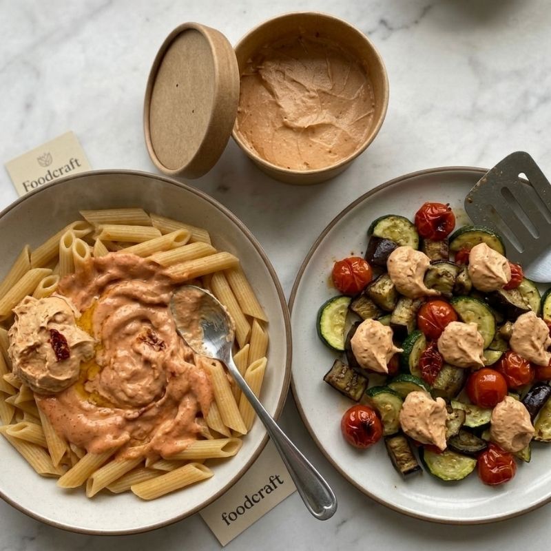 Two bowls of Foodcraft pasta on a white marble background, one with penne pasta in a light orange sauce and one with mixed vegetables topped with dollops of Organic Vegan Spreadable Tomato Cream Cheese. An open kraft paper cup of the sauce and a small branded card are also visible.