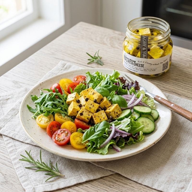 Gourmet plant-based salad with organic tofu feta cheese cubes, fresh cherry tomatoes, cucumber, and arugula on a plate, next to a jar of Foodcraft fermented vegan feta. Available for healthy food delivery in Hong Kong.