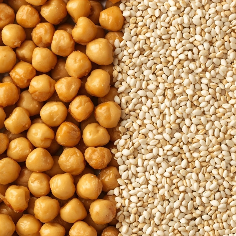 Organic Genmai Goma Miso - 250g Ingredients (Chickpeas and sesame seeds) arranged side by side.