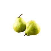 Packham Pears - 2pc with brown stems, positioned side-by-side on a solid white background.