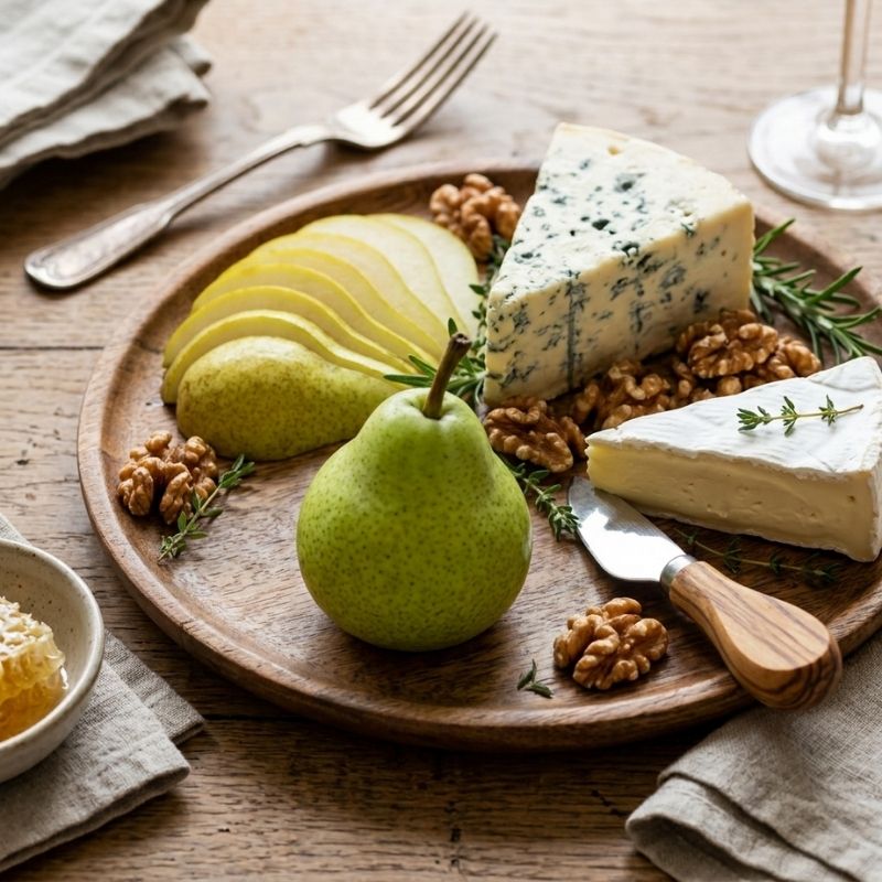A wooden serving board arranged with a sliced Packham Pear, a whole Packham Pears, blue cheese, white cheese, walnuts, rosemary sprigs, and a small dish of honey on a rustic wooden table.