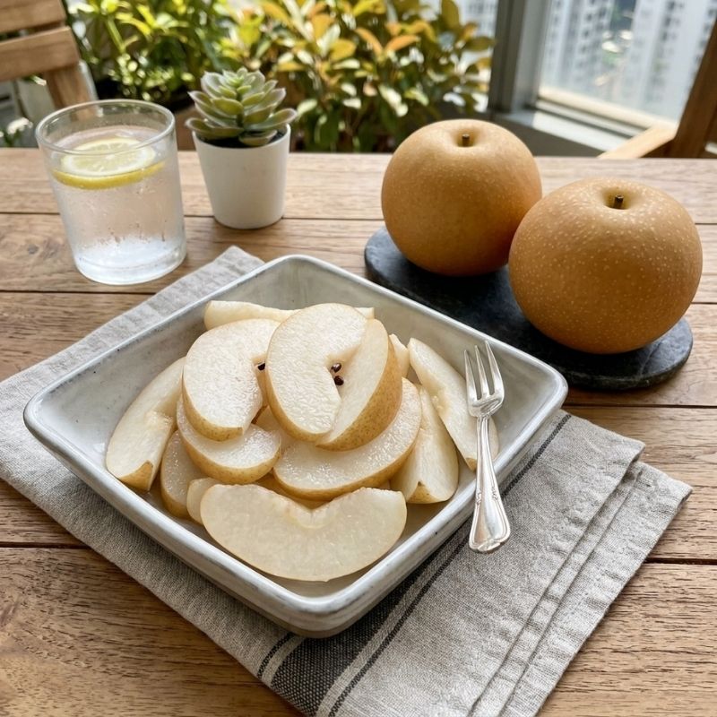 Sliced Nashi Pears from Korea arranged on a square ceramic plate with a small fork, set on a wooden table with a napkin. Two whole pears rest on a dark stone plate in the background, alongside a glass of water with lemon and a small potted succulent.