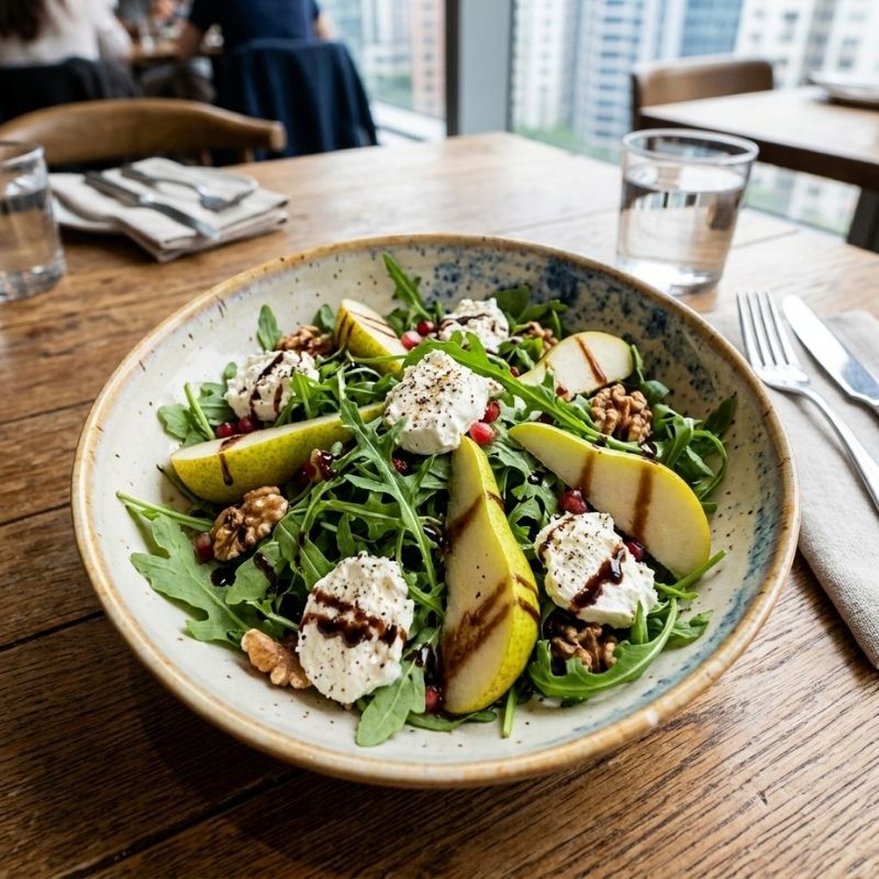 A ceramic bowl filled with a fresh salad, including arugula, Packham Pears, white cheese, walnuts, and balsamic glaze, set on a wooden table in a restaurant.