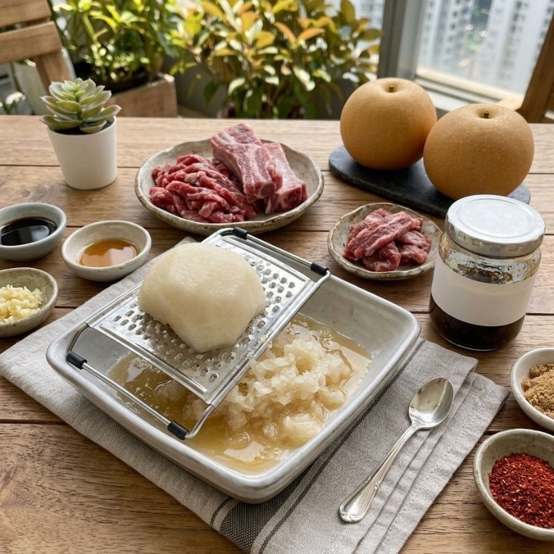A kitchen scene on a wooden table showing a white rectangular tray with a metal grater, a chunk ofNashi Pears from Korea on top, and grated Nashi pears falling into a bowl. Surrounding the tray are small bowls with sauces, minced garlic, red seasoning, two large Korean Nashi pears, sliced red meat, and a glass jar, with plants and a window in the background.