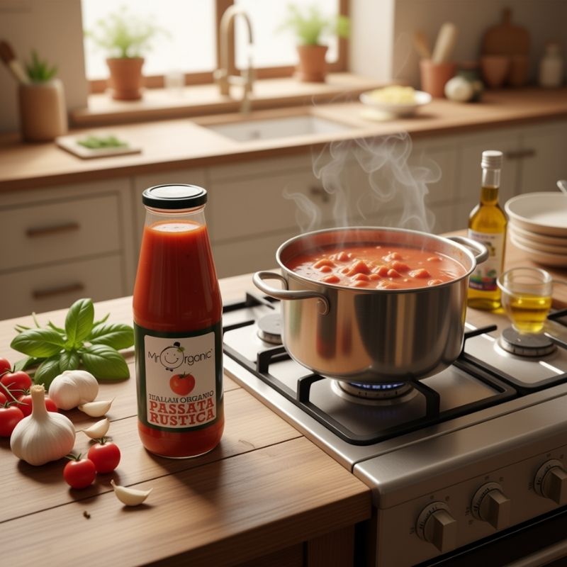 Bottle of Mr Organic Italian Organic Passata Rustica on a kitchen counter with a pot of boiling pasta.