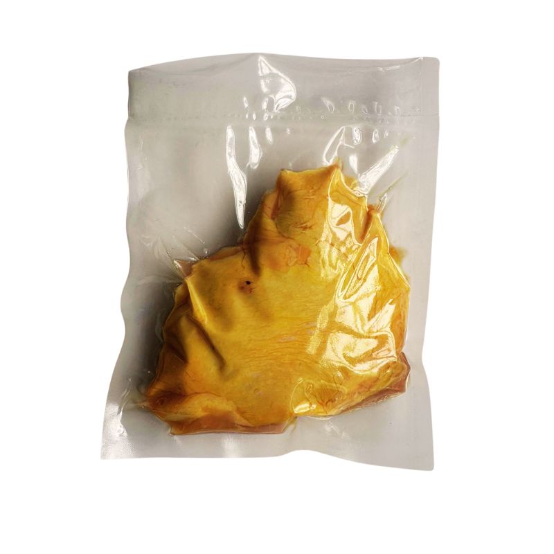 Pasture Raised Yellow Chicken Thigh Boneless in a clear plastic bag on a white background