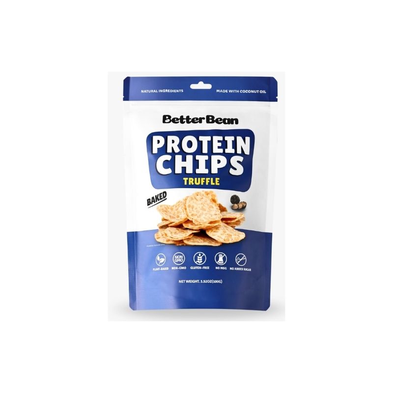 Packaging of Better Bean Protein Chips - Truffle with blue and white design on a white background