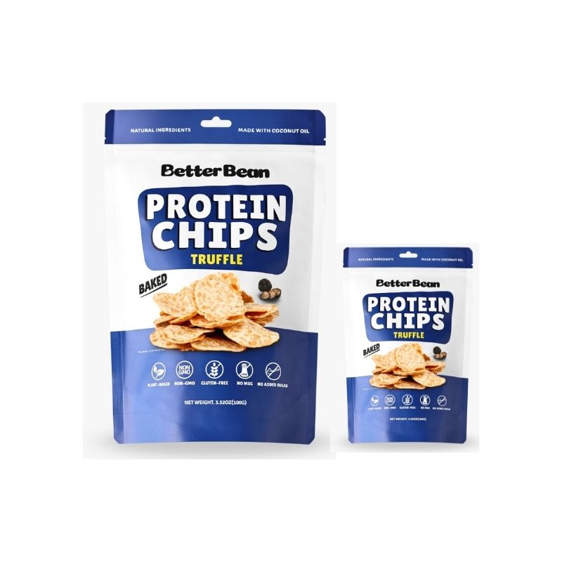 Two packages of BetterBean Protein Chips - Truffle on a white background