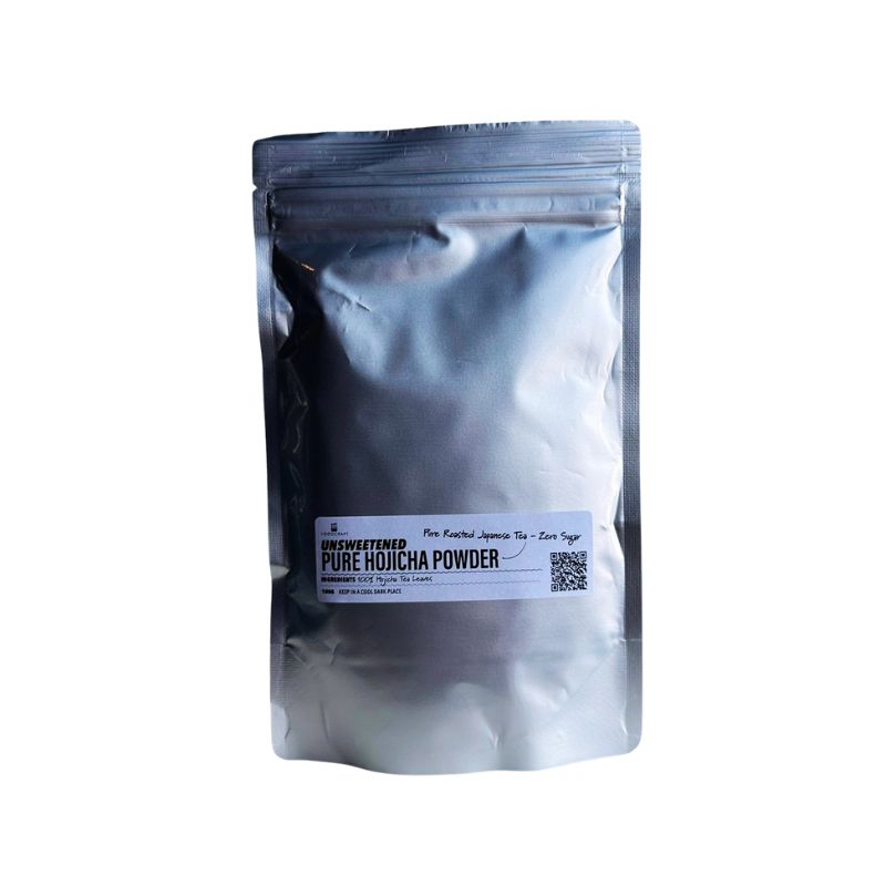 Silver packaging of Pure Hojicha Powder (Unsweetened) with a label on a white background