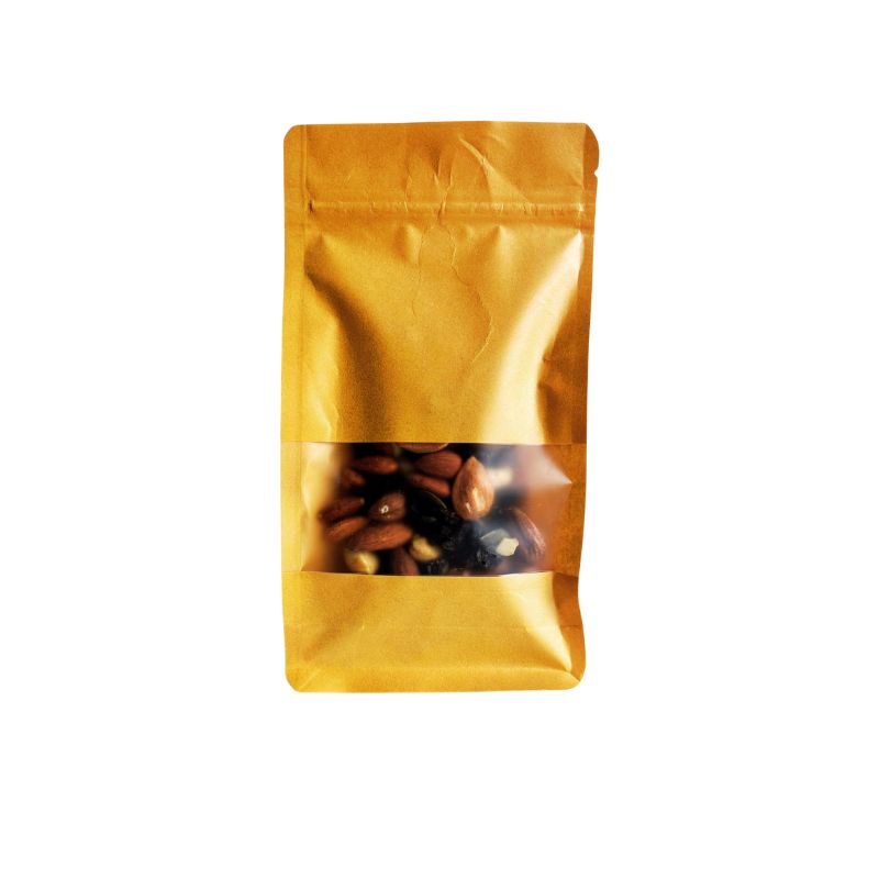 Yellow transparent pouch with a clear window showing Raw Sprouted Classic Energy Trail Mix on a white background
