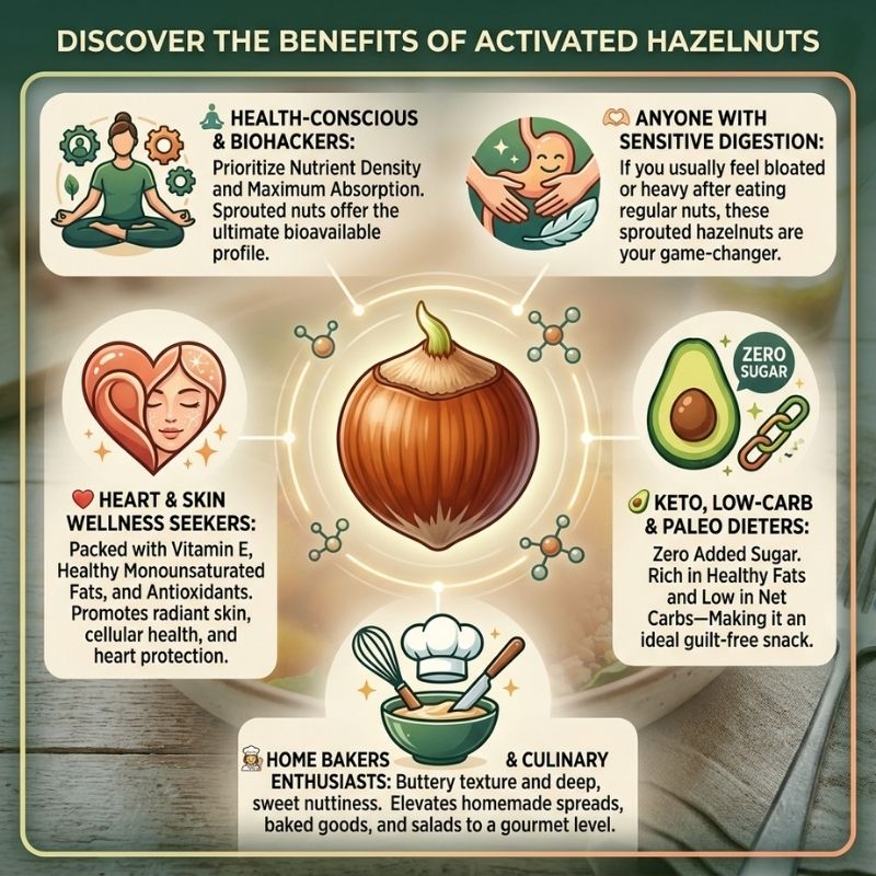 Infographic showing health benefits of Raw Sprouted Hazelnuts for Hong Kong shoppers: bioavailable nutrients, easy digestion, heart and skin wellness, keto and low-carb diet friendly, and baking use.