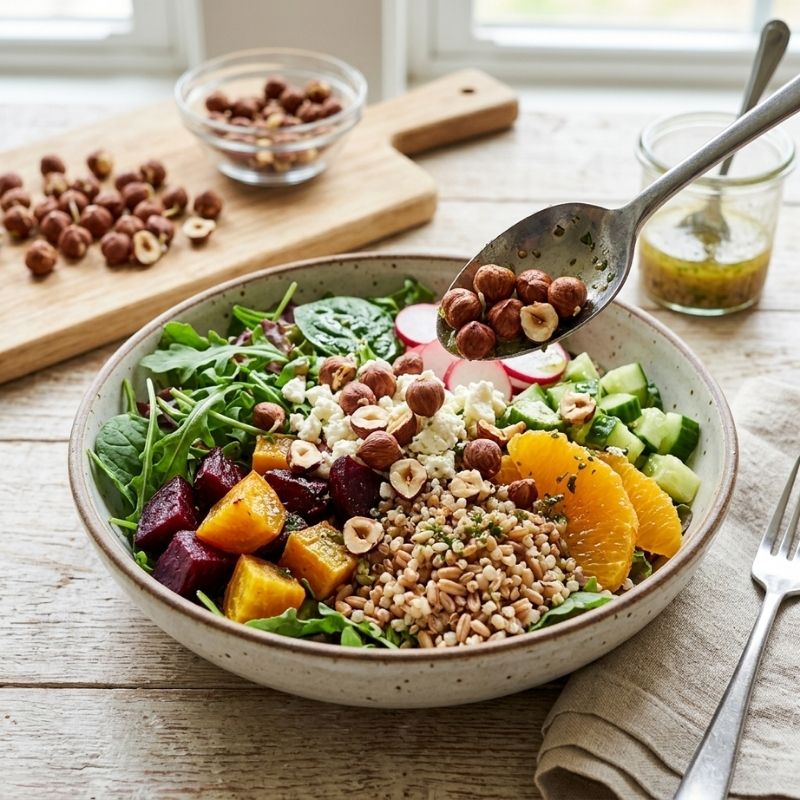 A ceramic salad bowl filled with mixed greens, beets, oranges, cucumbers, radishes, and nuts, with a spoon adding more sprouted hazelnuts. The bowl sits on a rustic wooden table with a cutting board, small bowls, and a fork nearby.