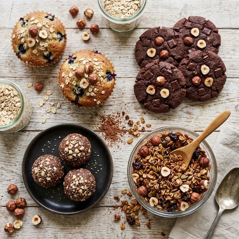 A styled flat-lay of baked goods on a whitewashed wooden surface: three oatmeal muffins topped with oats and sprouted hazelnuts, several dark chocolate cookies with chocolate chips and hazelnuts, three nut-coated energy balls on a black plate, a glass bowl of granola with hazelnuts and dried fruit, jars of oats, and a spoon on a beige cloth.