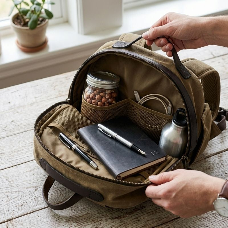 An open khaki canvas backpack on a rustic wooden table, showing its interior storage compartments filled with a notebook, pens, a jar of Raw Sprouted Hazelnuts , a cord, and a metal bottle. Two hands are holding the bag open.