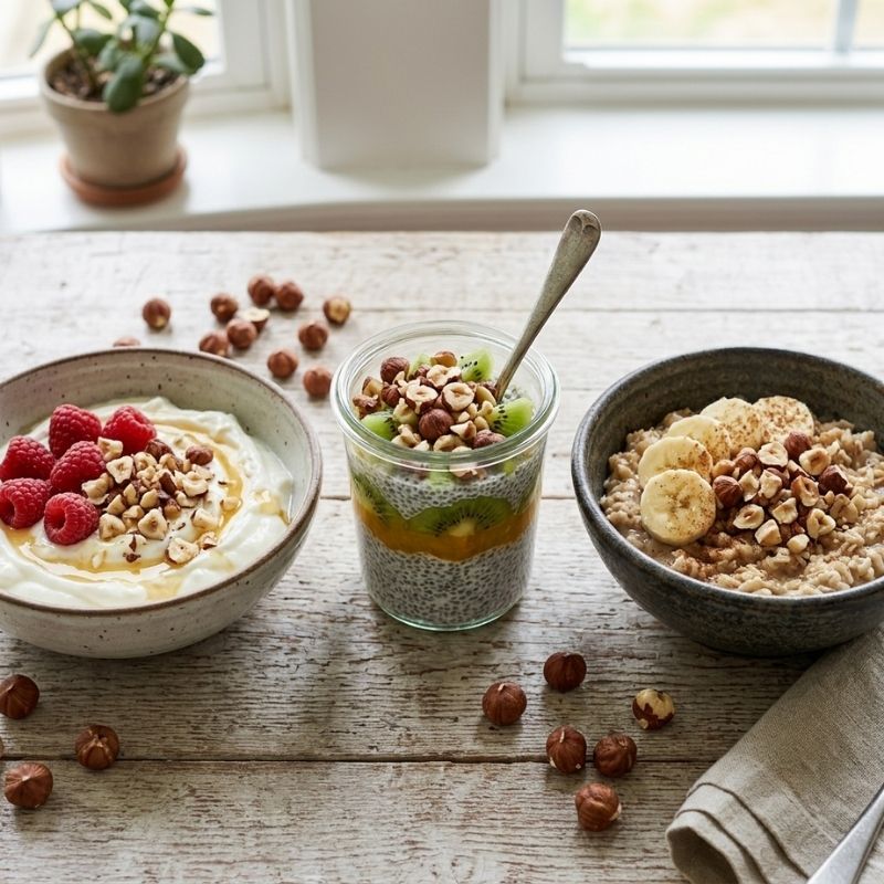 Three bowls of layered breakfast cereal or oatmeal styled on a rustic wooden table near a window. The dishes include yogurt topped with raspberries and nuts, a layered chia drink in a glass jar, and oatmeal with banana slices and Raw Sprouted Hazelnuts.