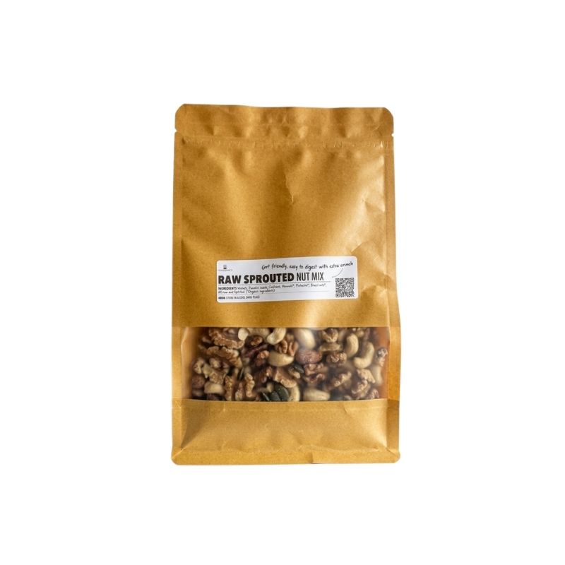 A stand-up kraft paper pouch of Raw Sprouted Nut Mix - 400g with a clear window showing the mixed nuts inside, on a plain white background.