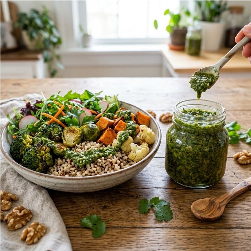 A glass jar of  Raw Sprouted Vegan Walnut Pesto - 200g sits on a wooden table beside a large salad bowl. A hand holds a spoon above the jar, adding pesto to the salad.