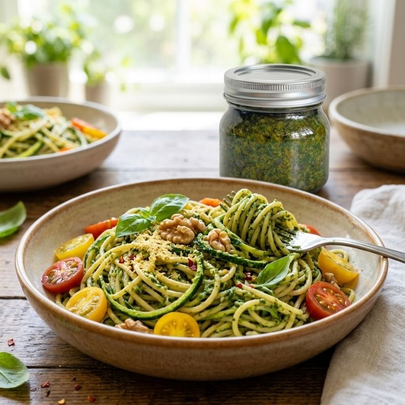 A bowl of zucchini spaghetti with pesto, garnished with walnuts, cheese, and fresh basil, set on a rustic wooden table with a jar of  Raw Sprouted Vegan Walnut Pesto - 200g in the background.