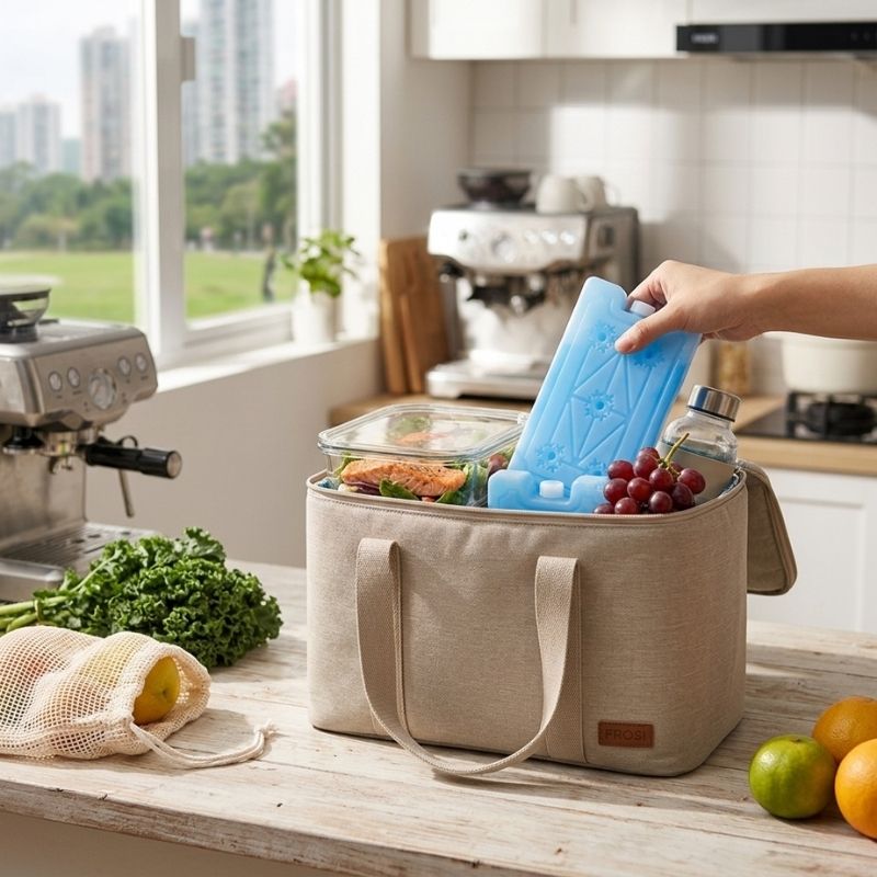 A beige insulated tote bag sits on a kitchen counter holding food and a glass bottle, with a hand placing a Reusable Crystal Gel Ice Pack into it. A window, coffee machine, and fruit are visible in the kitchen setting.