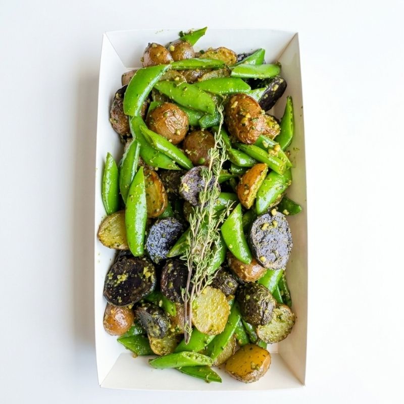 A top-down view of a white cardboard food tray filled with Roasted Potato Salad with Sprouted Walnut Pesto -  (600g | Serves 3 – 6 people) on a white background.