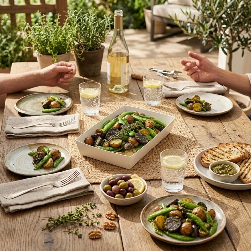 An occasion image for Roasted Potato Salad with Sprouted Walnut Pesto -  (600g | Serves 3 – 6 people). Outdoor dining table set with plates of roasted vegetables, a bottle of white wine, glasses of water, and hands reaching toward the food, in a warm garden setting.