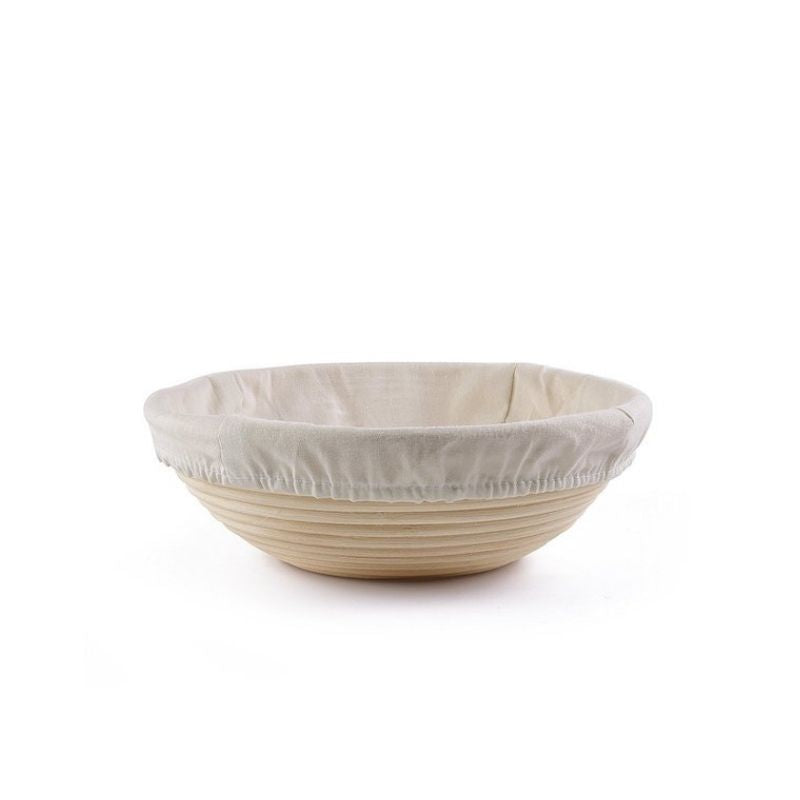 Round Rattan Proofing Bread Basket - 24cm with Liner, photographed against a seamless white background.