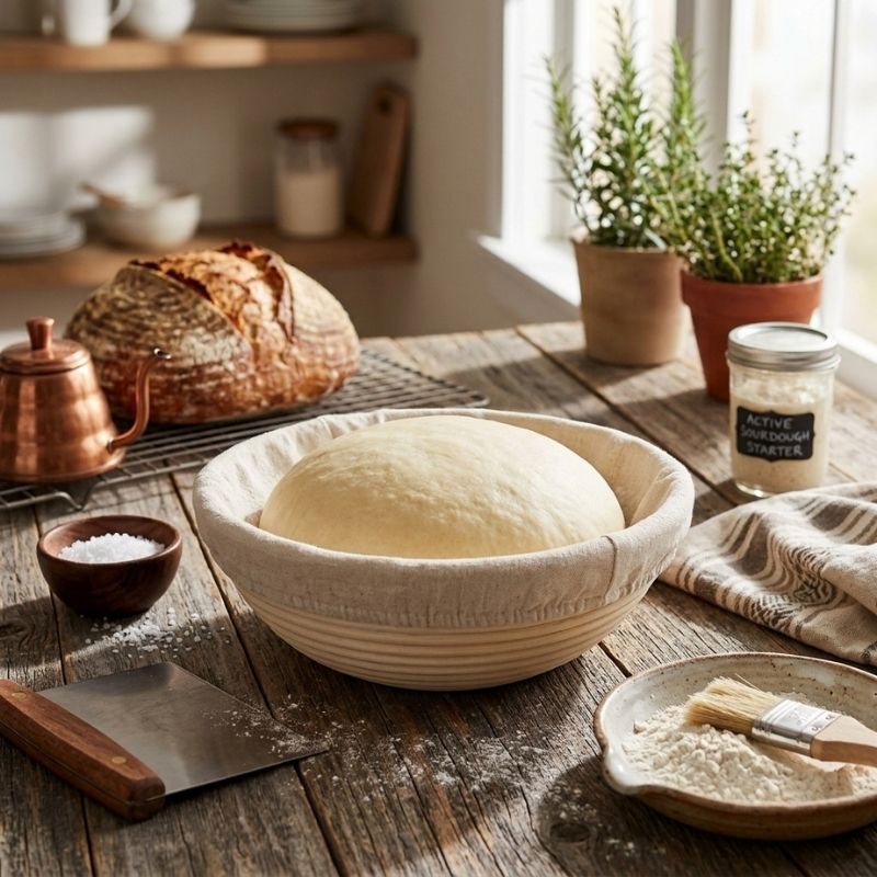 Round Rattan Proofing Bread Basket - 24cm with Liner filled with dough, set on a rustic wooden table with baking tools, flour, a copper kettle, and potted herbs in a sunlit kitchen.