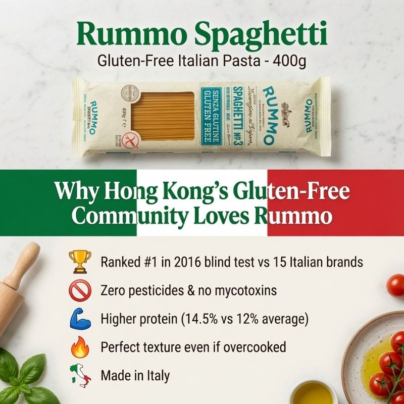 Rummo Spaghetti gluten-free Italian pasta package with product details on a white background