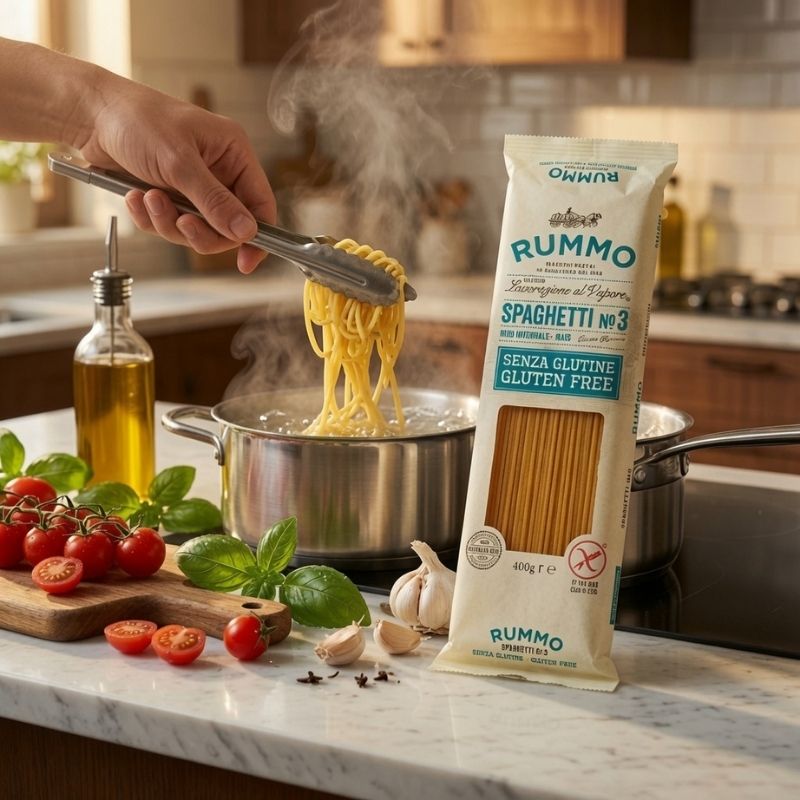 Rummo gluten-free spaghetti being cooked in a pot with a kitchen background