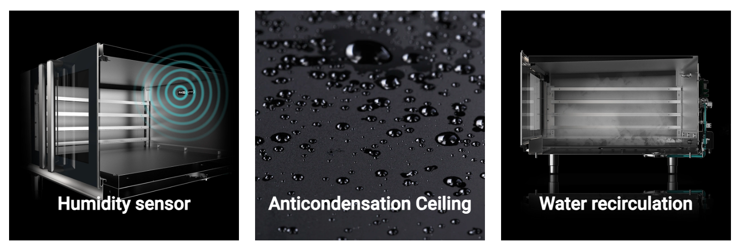 Three images showing a humidity sensor, anticondensation ceiling, and water recirculation system- UNOX-LIEVOX Proofers - XEKPT-08HS-C