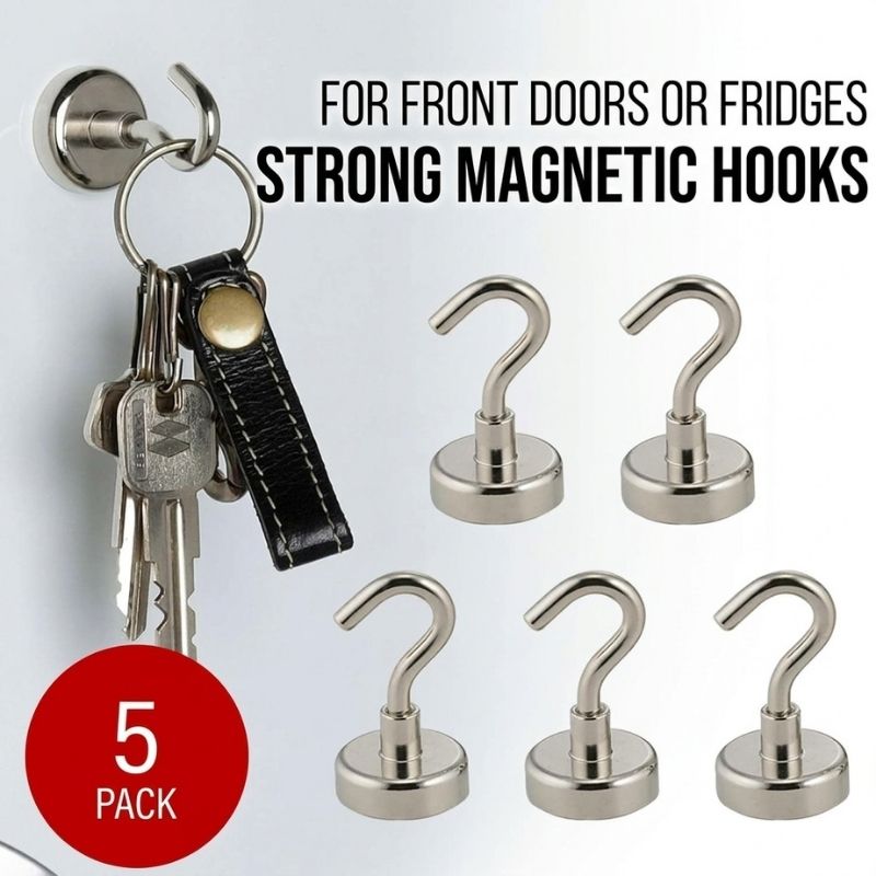 Five-pack of Shimomura Kihan Heavy Duty Neodymium Magnetic Hooks - Set of 5 (model number 44638)  for front doors or fridges, shown in a silver metallic finish. The image includes a demonstration on the left showing keys and a leather keychain attached to one hook, along with text reading 'FOR FRONT DOORS OR FRIGIDERS STRONG MAGNETIC HOOKS' and a red circle badge reading '5 PACK'.