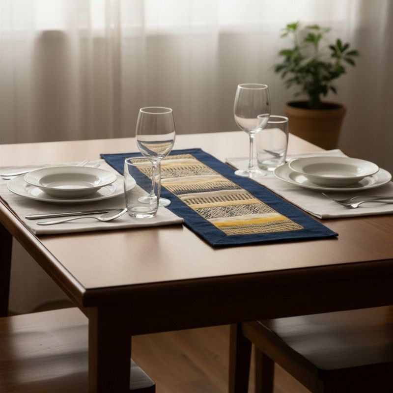 Dining table set with plates, glasses, and a Sop Moet Arts Handmade Silk Table Runners - 49cm x 22cm Navy x Gold.