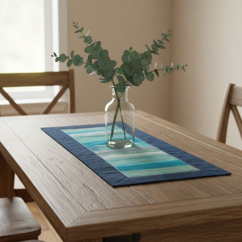 Sop Moet Arts Handmade Silk Table Runners - 52cm x 21.5cm Blue Green on a table 
Foodcraft Online Store 